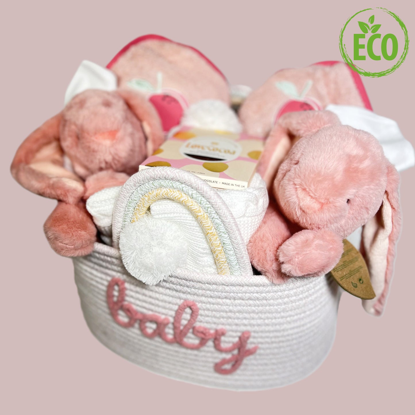 New Baby Girl Hamper Baskets - Double Delight Twin Girls Gifts, Eco Friendly, Ebba Bunny Soft Toy, White Pompom Baby Blanket, Rope Nursery Caddy.
