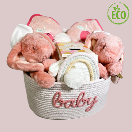 New Baby Girl Hamper Baskets - Double Delight Twin Girls Gifts, Eco Friendly, Ebba Bunny Soft Toy, White Pompom Baby Blanket, Rope Nursery Caddy.
