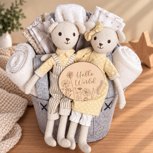 Twins baby hamper in a felt caddy with two linen bear toys, white cotton baby blankets, hooded baby towels muslins etc