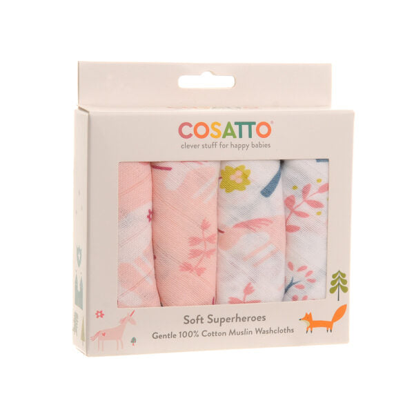 Cosatto soft superheroesunicorn muslin washcloths packaging on a white background