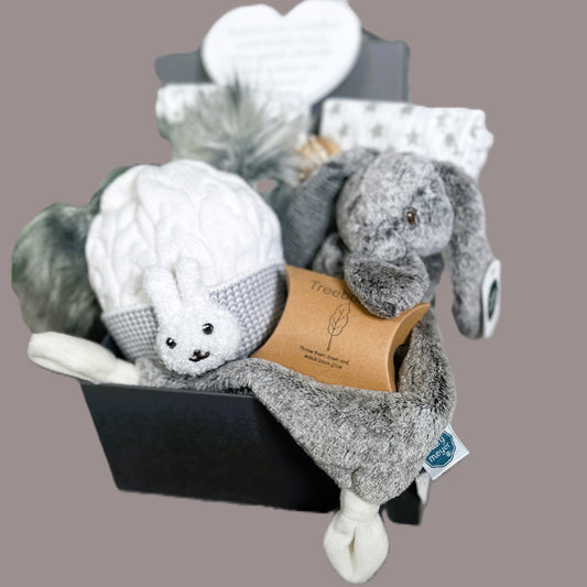 Unisex New Baby Gift "Bunny Cuddles" Baby Essentials Box, Grey And White