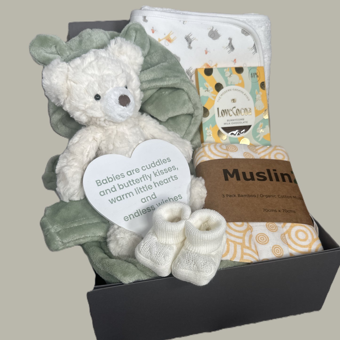 Baby gift set with teddy bear, blanket, and other items in a baby keepsake box.