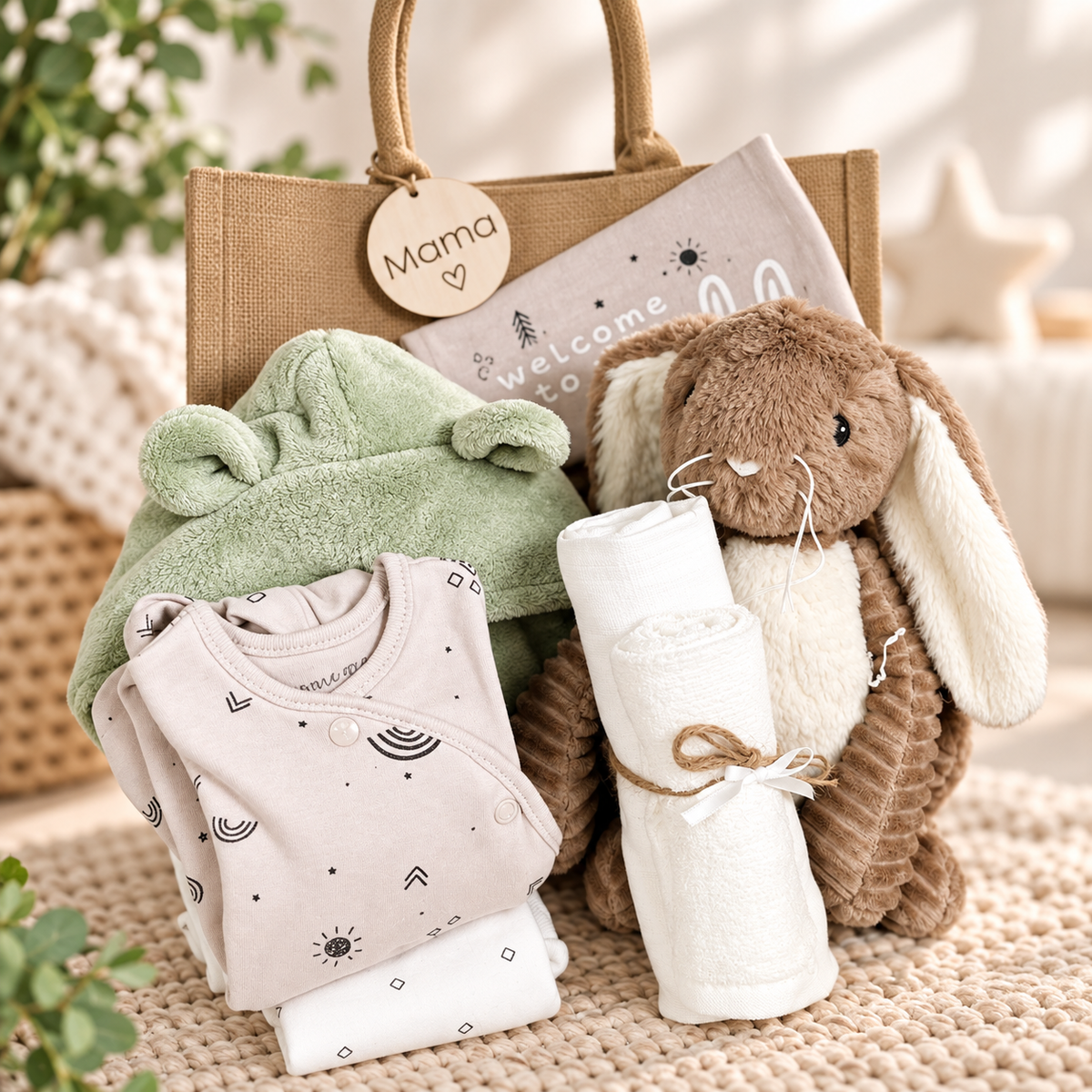 A baby gift set , featuring a beige hessian tote bag with a wooden 'Mama' tag, a sage green hooded baby robe, a light organic cotton  baby outfit with black celestial prints, a rolled cream baby muslin and baby washcloth, and a brown plush bunny toy.