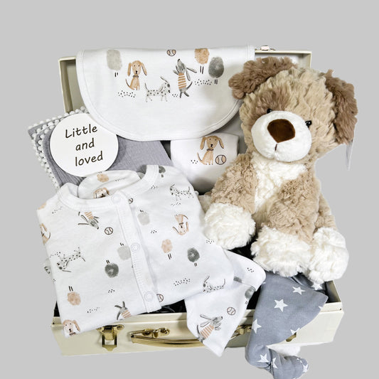 New parents baby gift in a cream baby keepsake case containing a cotton layette set withs a puppy print in neutral colours, a soft white baby blanket, a grey muslin square with pompoms and a Ziggle baby knot hat in grey with white stars.