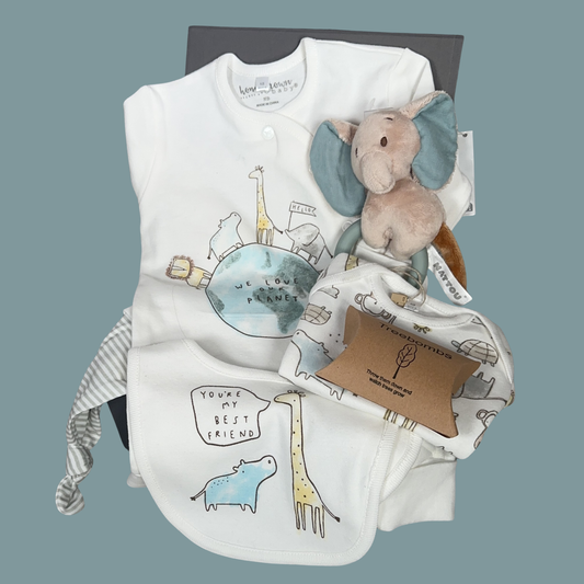 Baby Hamper with organic cotton clothing and Nattou baby rattle and teething toy