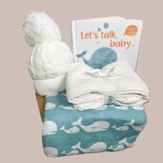 New Baby Gifts - Wonderful Whales, Baby Swaddle , Baby Book, Baby Blanket.