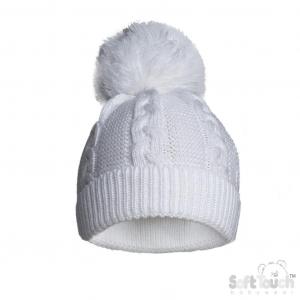 White baby cable knit pompom hat made from recycled plastics. Size 0-12 months
