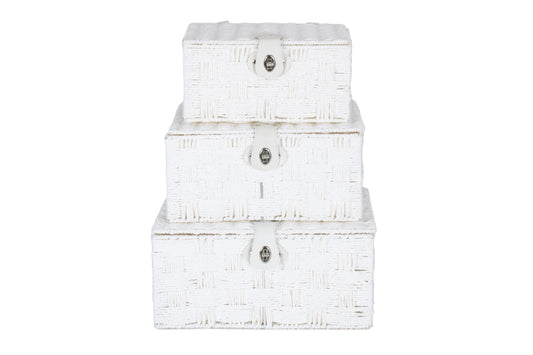 Set of three white paper rope baby Keepsake hampers on a white background