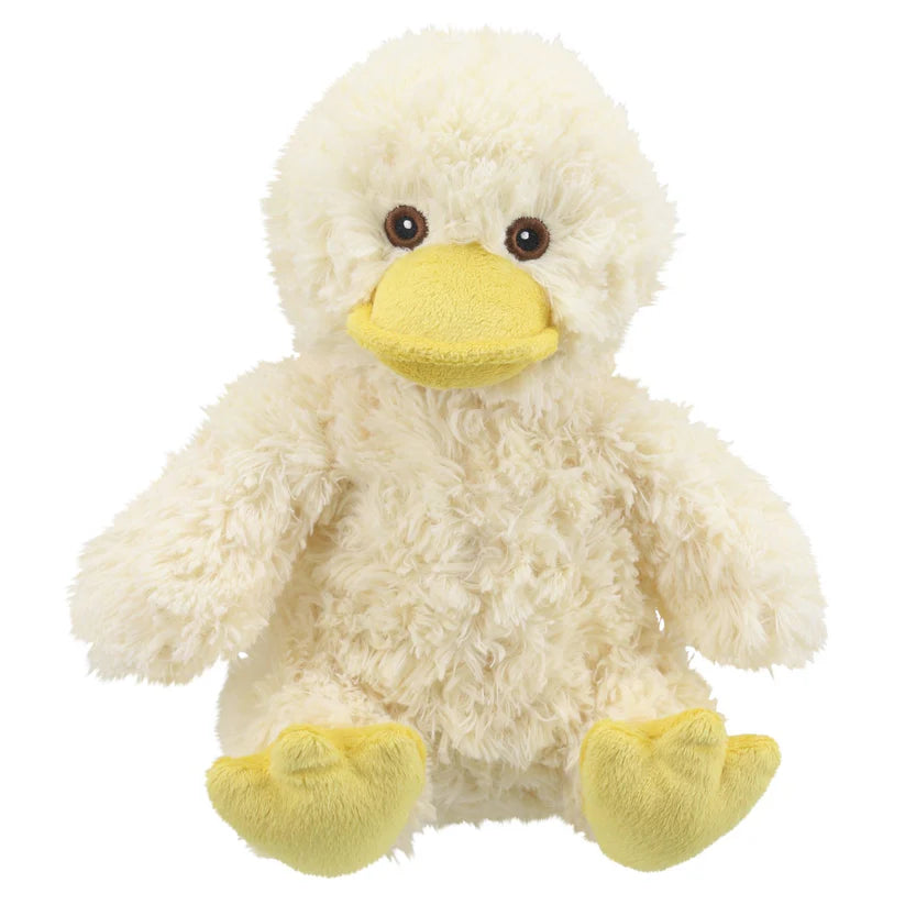 Wilberry eco cuddlies plush toy duck with a white body and yellow feet and beak on a white background