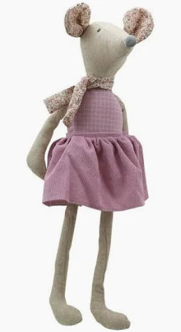 Large line mouse soft toy in  dusky pink skirt, a pink and white checked top and a floral scarf.