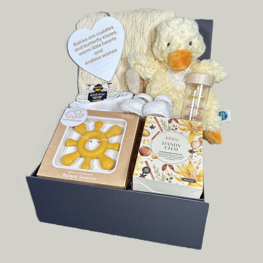 Baby gift set with  Mary Meyer duck Lovey, teethers and a baby blanket  in a baby keepsake box.
