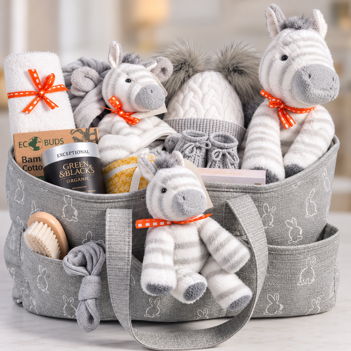 This unisex baby hamper comes in a grey fabric nappy caddy with bunny print, filled with baby items including a Keeleco zebra plush toy one large one small and Keeleco zebra baby comforter, a white knit  baby pompom hat hat, grey booties, a baby hooded bathe robe, a jar of Green and Blacks hot chocolate, a baby muslin, a baby hairbrush and baby knotty hat and various baby toiletries.