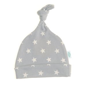 grey and white star print baby knot hat