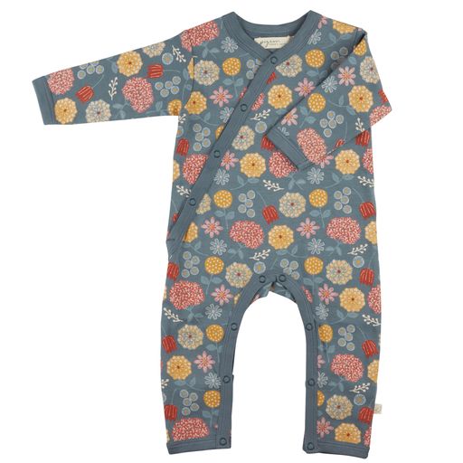 GOTS certified blue floral print organic cotton baby girl romper with fold over cuffs