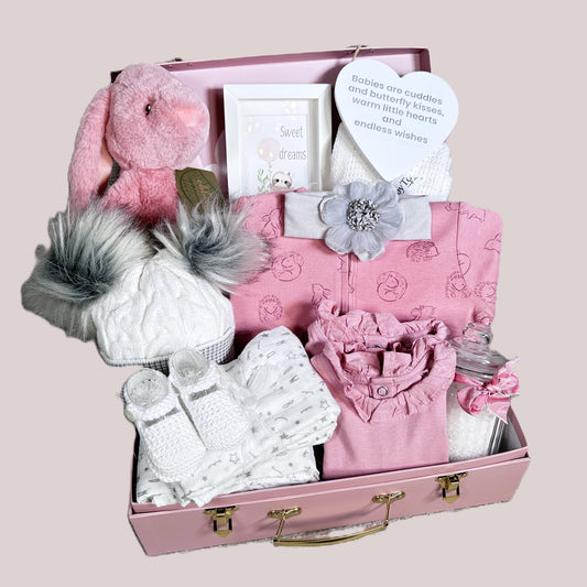 new baby girl gift in a baby keepsake case, pink and grey.