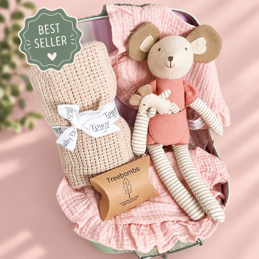 Baby girl hamper with taupe cotton baby blanket, pink baby bibs and a mouse soft baby toy in a baby keepsake case.