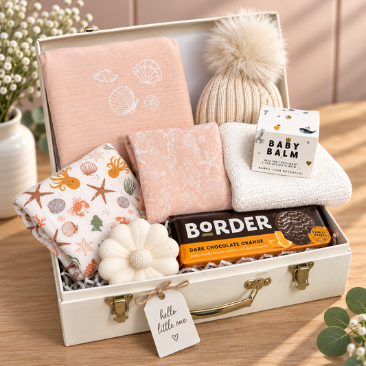 BABY GIRL GIF HAMPER WITH PEACH BABY WEAR, BABY HAT, BABY BALM AND SILICONE TEETHER