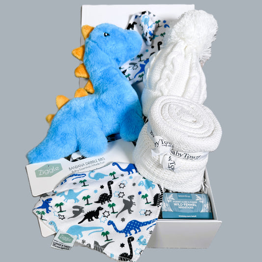Blue dinosaur new baby hamper with dinosaur toy, baby blanket, dribble bib and baby knotty hat with dinosaur print.