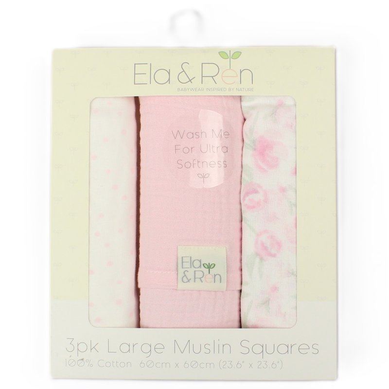 3 Ela and Ren baby muslins in pink and white.