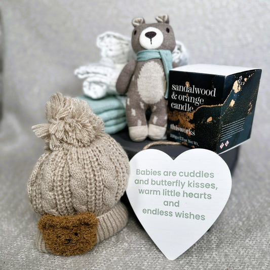 Baby Shower Gifts - "Beary Lovely" Unisex Baby Hamper, Sandalwood and orange candle