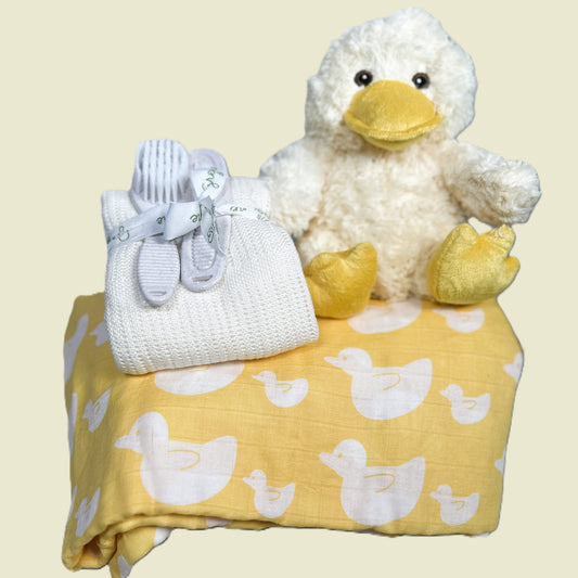 Baby shower gift, ducks print swaddle, cellular baby blanket , duck soft toy and baby hairbrush and comb set