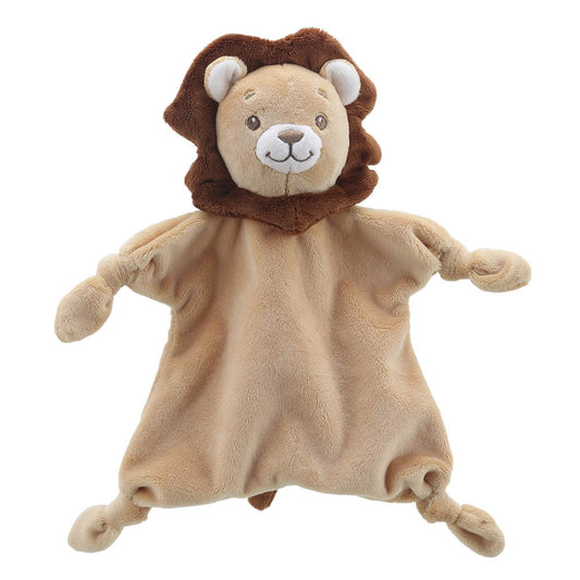Plush toy lion baby comforter with a brown mane on a white background
