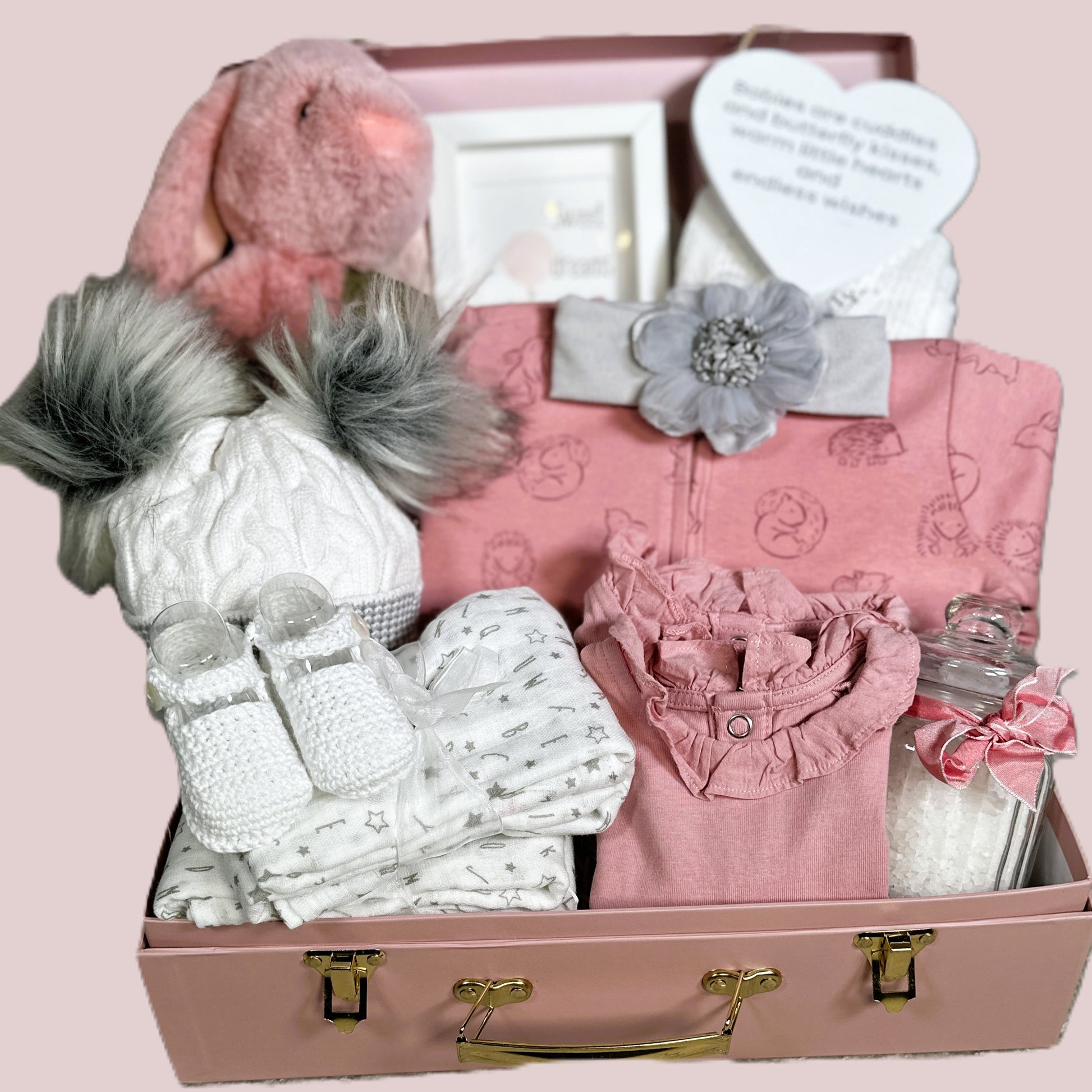 new baby girl gift in a baby keepsake case, pink and grey.