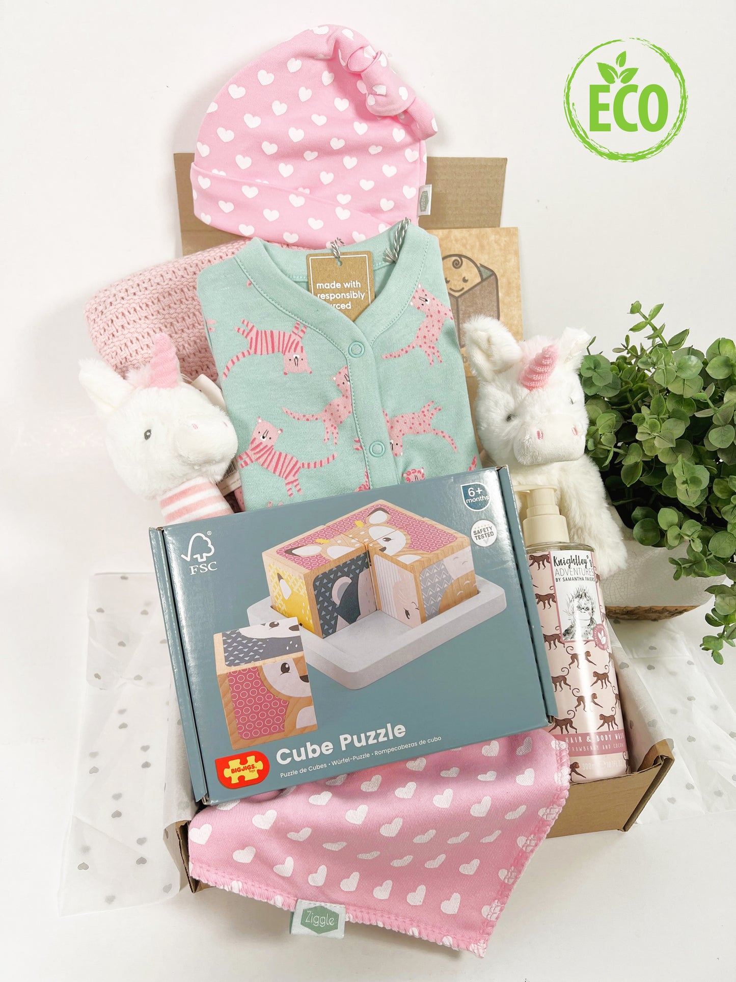 Newborn Baby Girl Gift Hamper ,Eco Friendly Baby Girl Present, Kitty Romper, Pink Cotton Cellular Baby Blanket, New Mum Gifts, Baby Shower Gifts for Girls