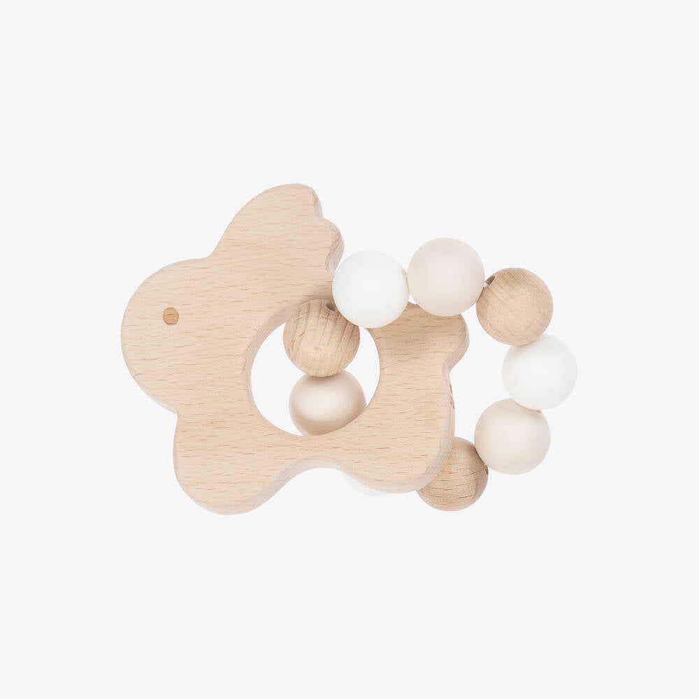 Wooden and silicone baby teether.