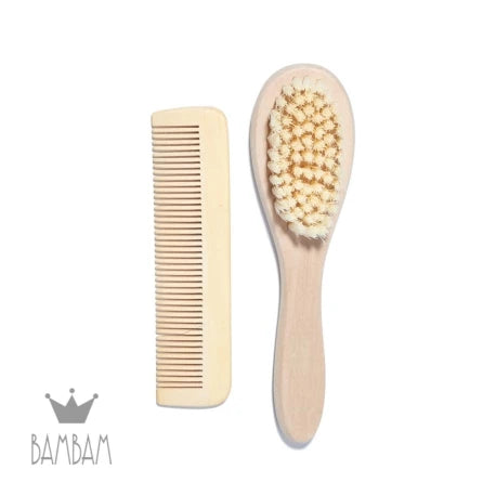 Bambam baby wooden brush and comb set.