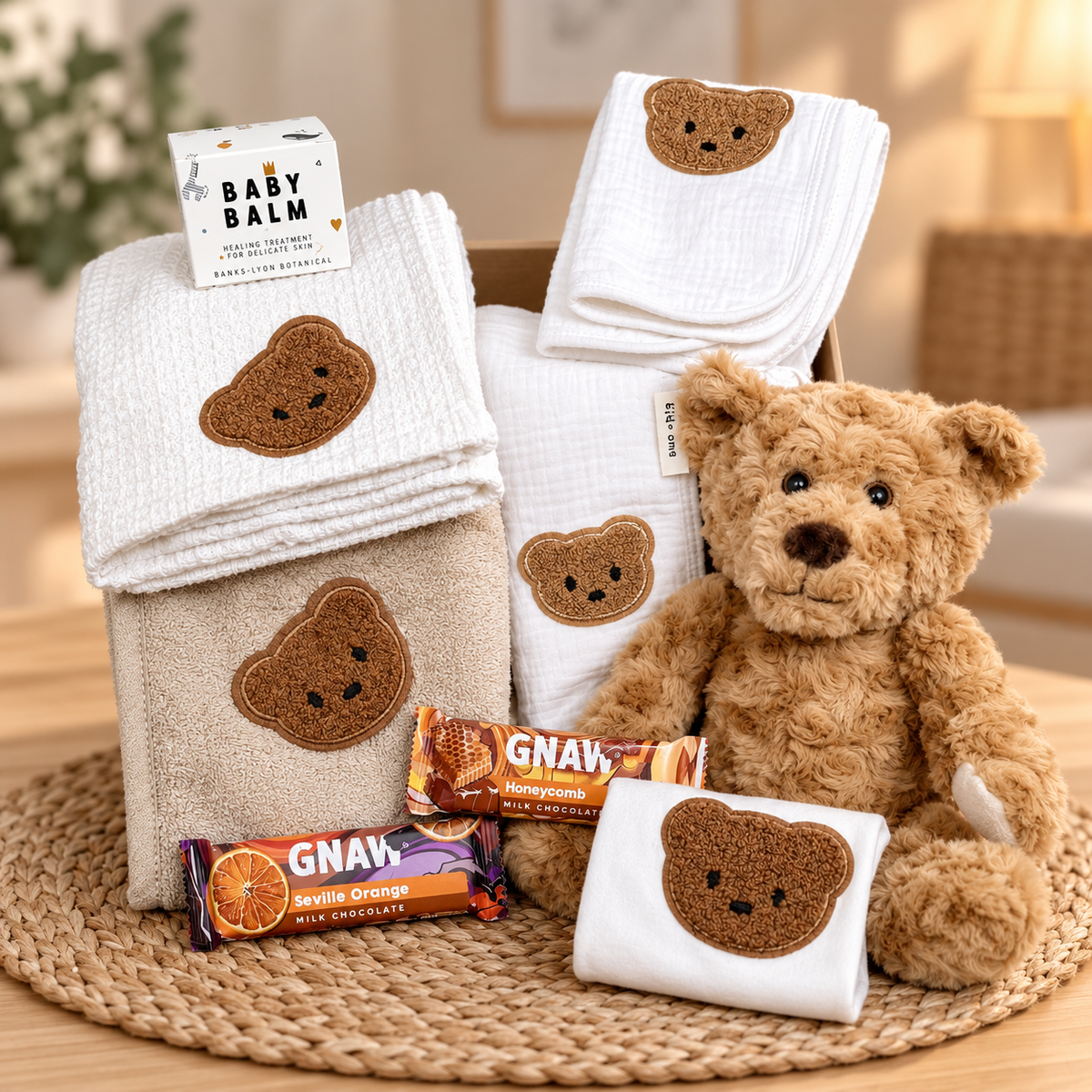 A teddy bear-themed gift set featuring a plush brown teddy bear, folded white and beige muslin towels with embroidered brown bear faces, a small white baby balm box, and GNAW candy bars, arranged on a woven placemat in a softly lit room.