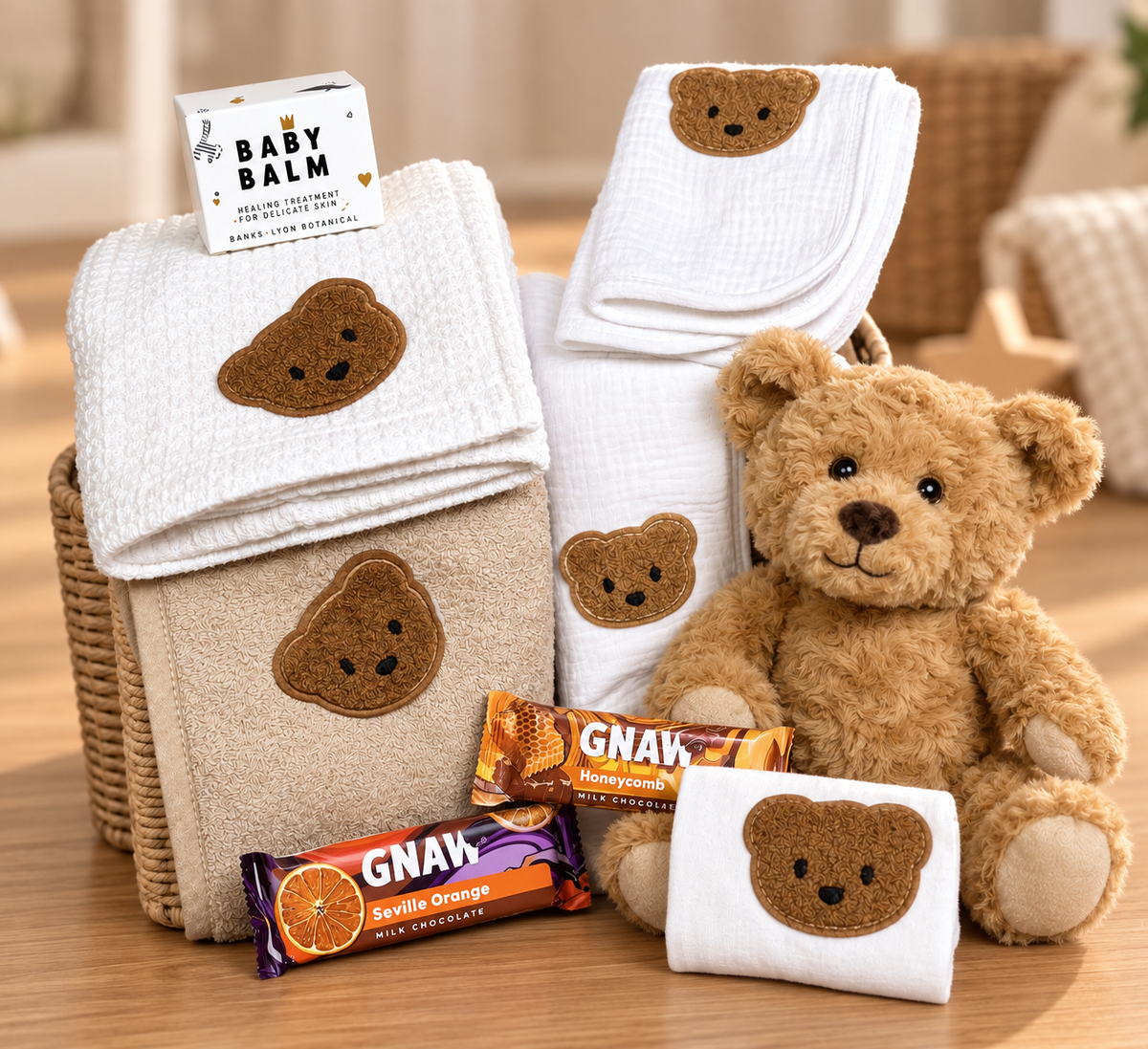 Baby Bedtime Hamper, Baby Balm, Teddy