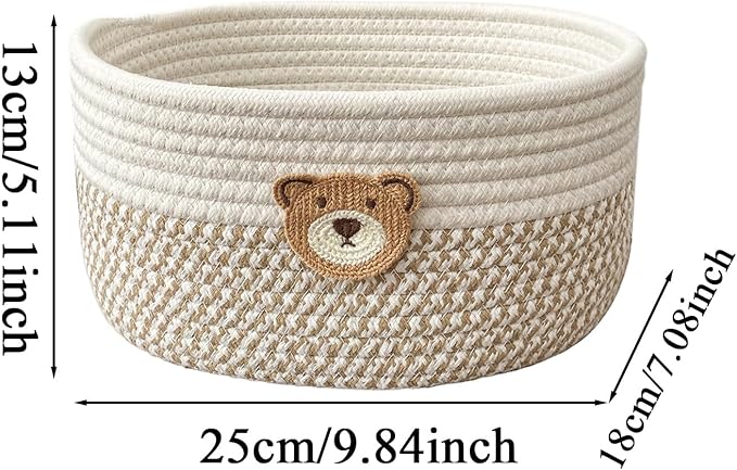 Woven basket with a teddy bear design and measurements on a white background