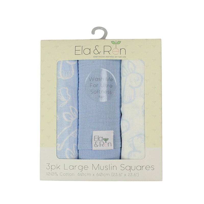 Pack of three large muslin squares in blue and white packaging with 'Ela & Ren' branding.