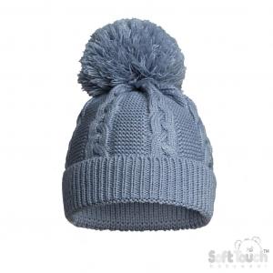 A dusky blue single pompom baby hat.