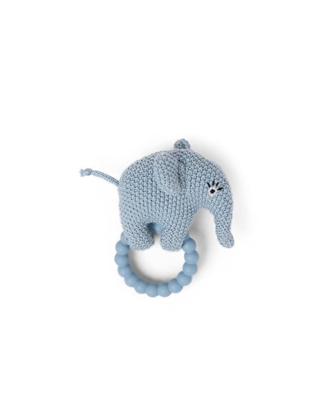 Wool baby rattle and baby teether blue elephant