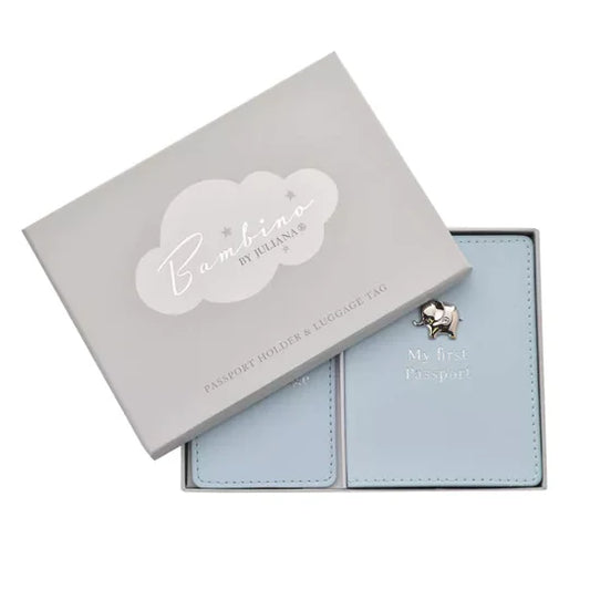 Bambino blue baby passport holder and luggage tag gift set.