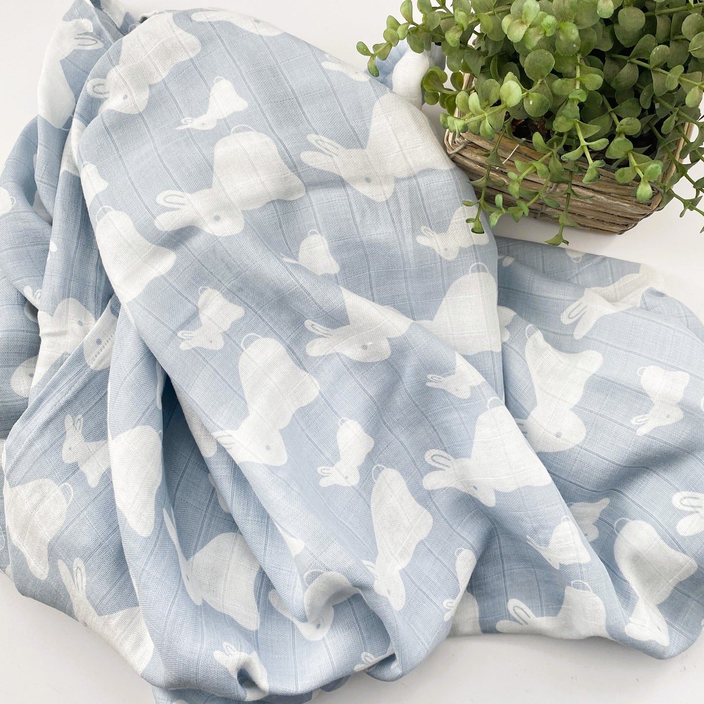 Blue and white bunny print baby swaddle blanket