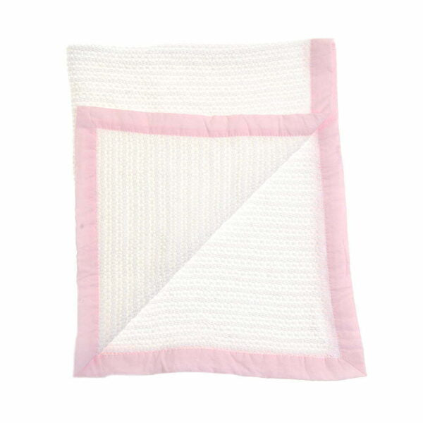 White cellular baby blanket with pink border on a white background
