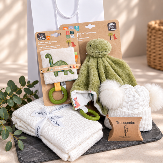 Dinosaur themed baby hamper with green dinosaur baby comforter and sensory baby book