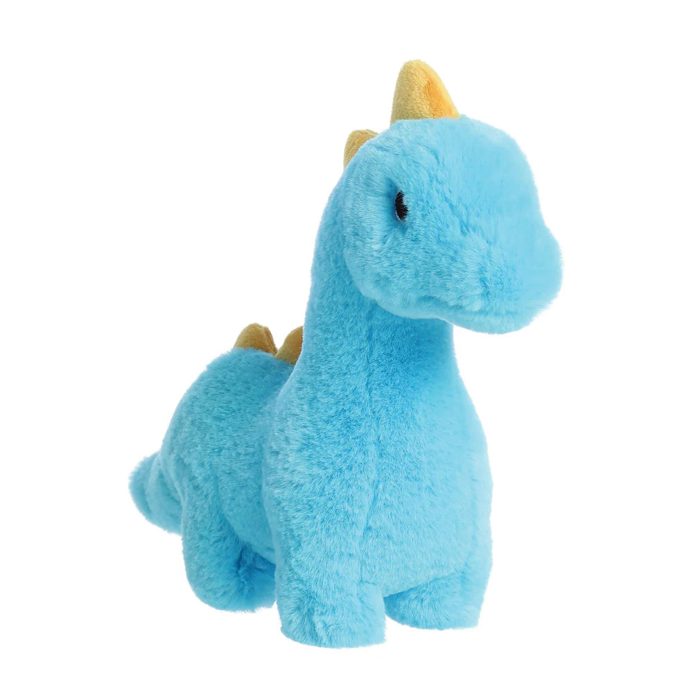 Blue plush dinosaur toy on a white background
