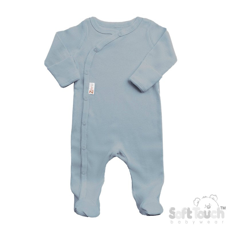 dusky blue cotton baby sleepsuit.