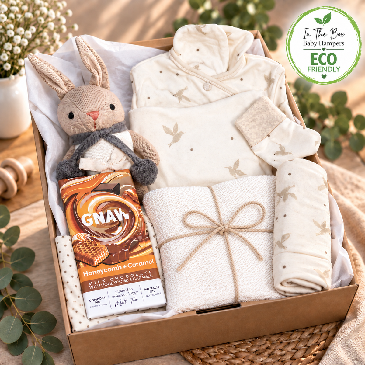 Neutral baby hamper with Gnaw chocolate bar and organic cotton baby rattle and babywear