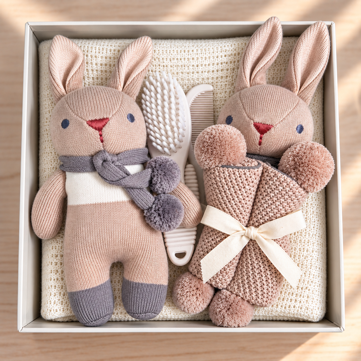 A curated baby hamper in a light box containing an organic cotton knitted bunny baby rattle with a grey scarf, a white and beige baby brush, and an organic cotton  knitted bunny baby comforter with a cream ribbon. And a baby hairbrush set and a bamboo baby blanket in a marshmallow colour.