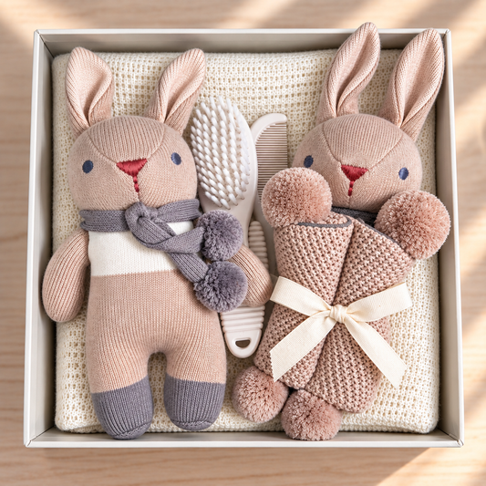 A curated baby hamper in a light box containing an organic cotton knitted bunny baby rattle with a grey scarf, a white and beige baby brush, and an organic cotton  knitted bunny baby comforter with a cream ribbon. And a baby hairbrush set and a bamboo baby blanket in a marshmallow colour.