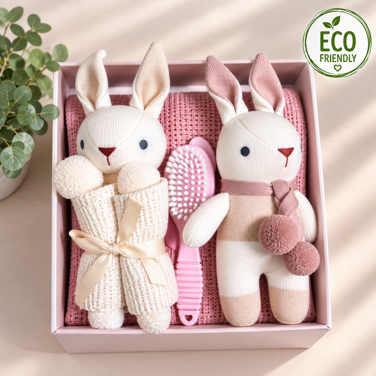 a curated new baby girl hamper with a cream and pink organic cotton baby rattle and baby comforter, a pink baby hairbrush and comb set and bamboo cellular baby blanket in a dusky pink.