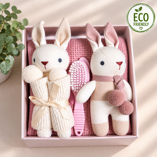 a curated new baby girl hamper with a cream and pink organic cotton baby rattle and baby comforter, a pink baby hairbrush and comb set and bamboo cellular baby blanket in a dusky pink.