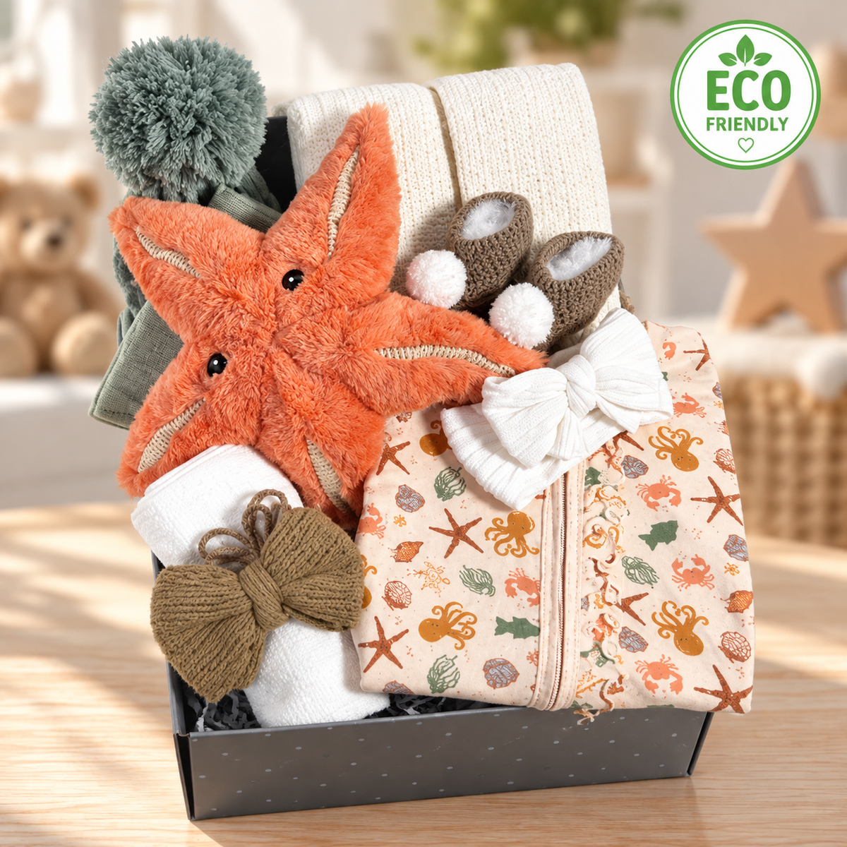 A gift set for a new baby girl including a starfish soft toy, a baby romper, a cellular baby blanket, baby headbands, a muslin square, booties, and a baby keepsake box.