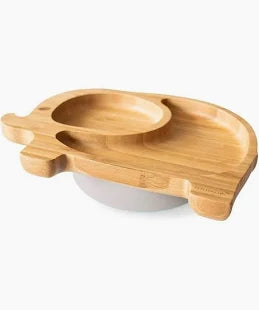 bamboo baby plate with grey silicone suction base.