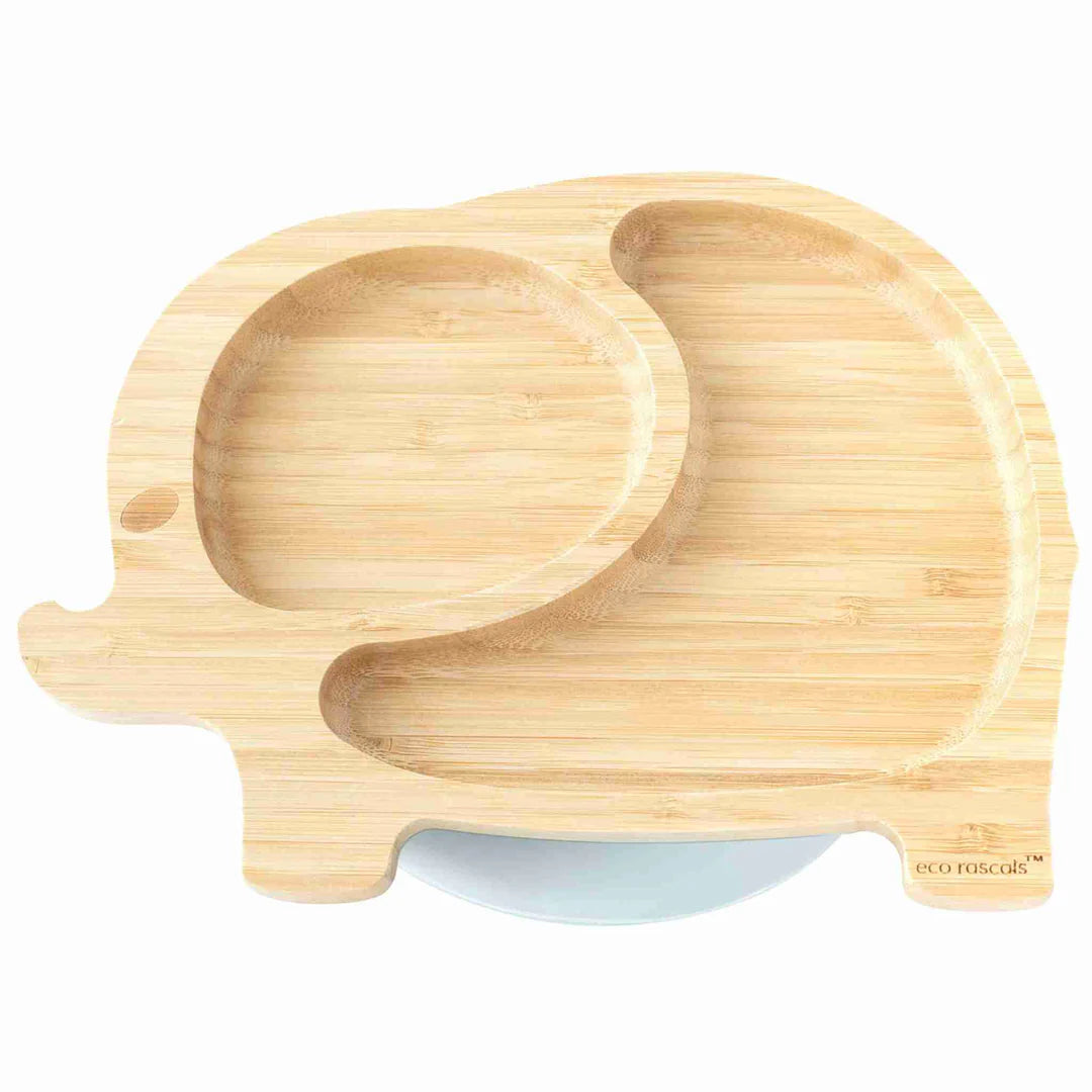 eco rascals bamboo baby plate shaped like an elephant